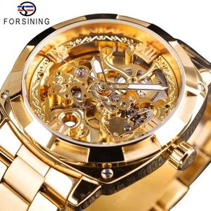 Forsining Mens Skeleton Mechanical Waterproof Luxury Watch Gold Gift Idea